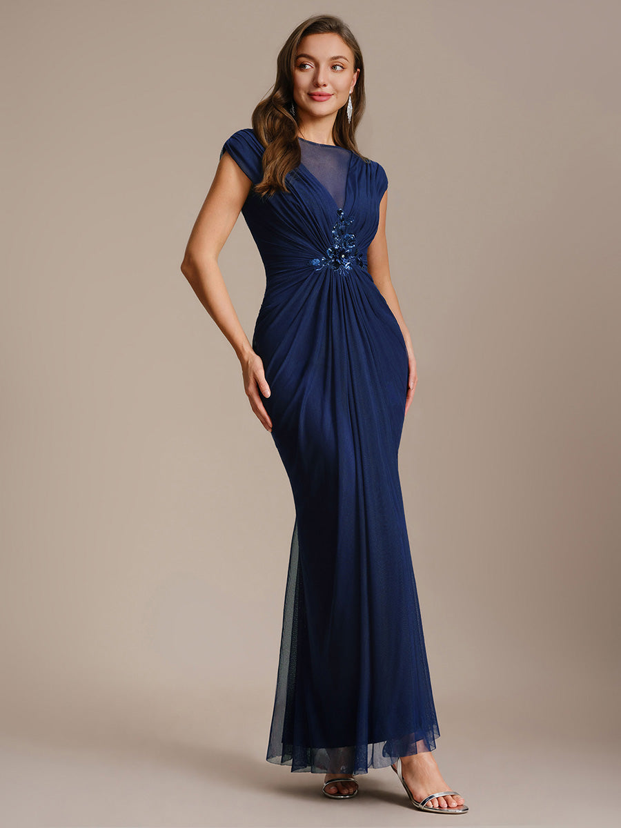Robe maxi bodycon transparente à manches courtes en sequins #Couleur_Bleu Marine
