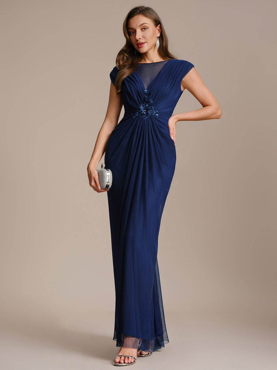Robe maxi bodycon transparente à manches courtes en sequins #Couleur_Bleu Marine