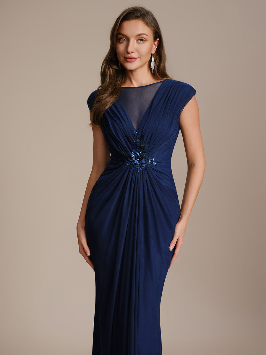 Robe maxi bodycon transparente à manches courtes en sequins #Couleur_Bleu Marine