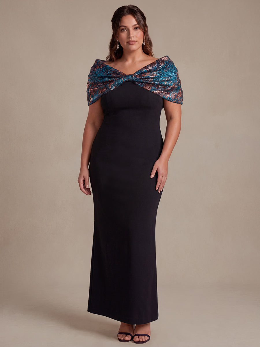 robe maxi bodycon ¨¤ manches courtes et d¨¦collet¨¦ en V #Couleur_Bleu roi/Or