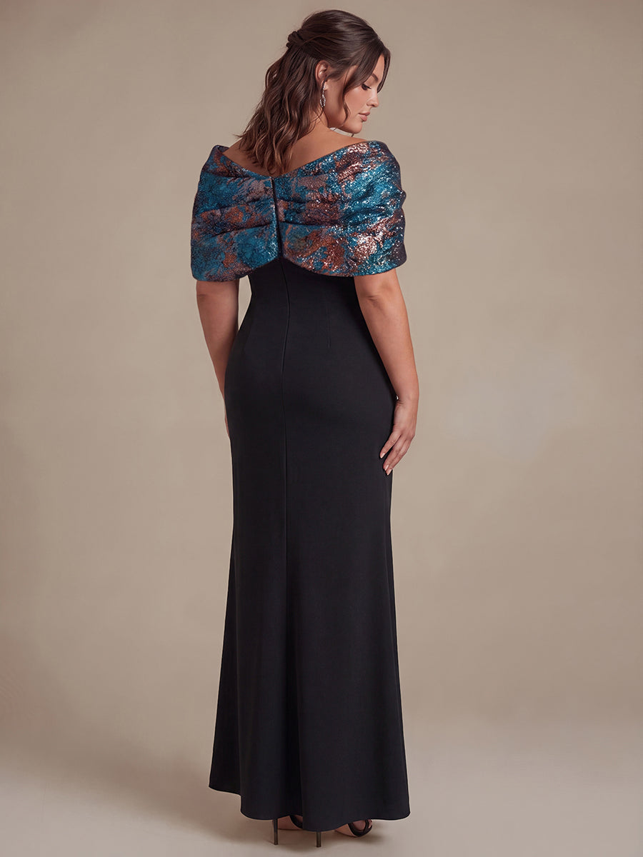 robe maxi bodycon ¨¤ manches courtes et d¨¦collet¨¦ en V #Couleur_Bleu roi/Or
