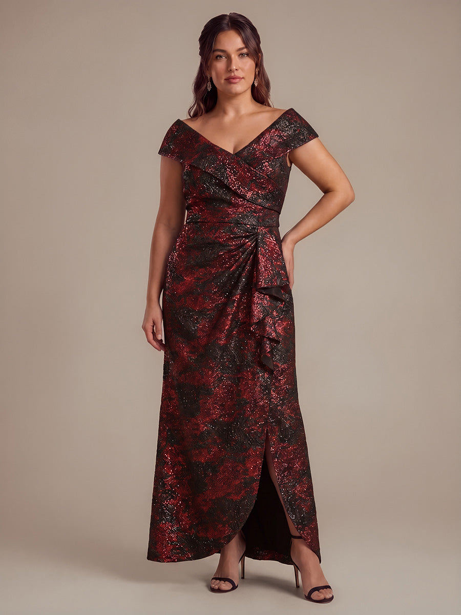 robe sir¨¨ne ¨¤ volants ¨¤ manches courtes en V avec une coupe asym¨¦trique et fermeture ¨¦clair au dos #Couleur_Bourgogne/Noir