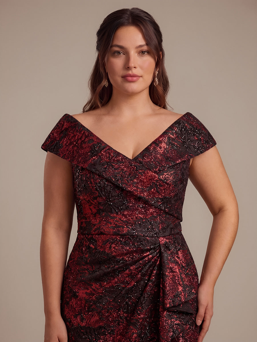 robe sir¨¨ne ¨¤ volants ¨¤ manches courtes en V avec une coupe asym¨¦trique et fermeture ¨¦clair au dos #Couleur_Bourgogne/Noir