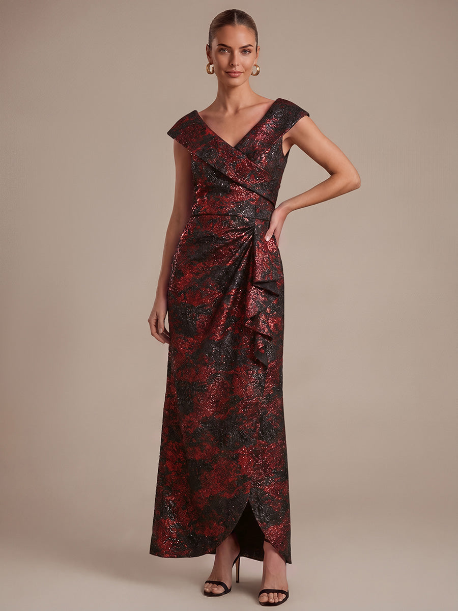 robe sir¨¨ne ¨¤ volants ¨¤ manches courtes en V avec une coupe asym¨¦trique et fermeture ¨¦clair au dos #Couleur_Bourgogne/Noir