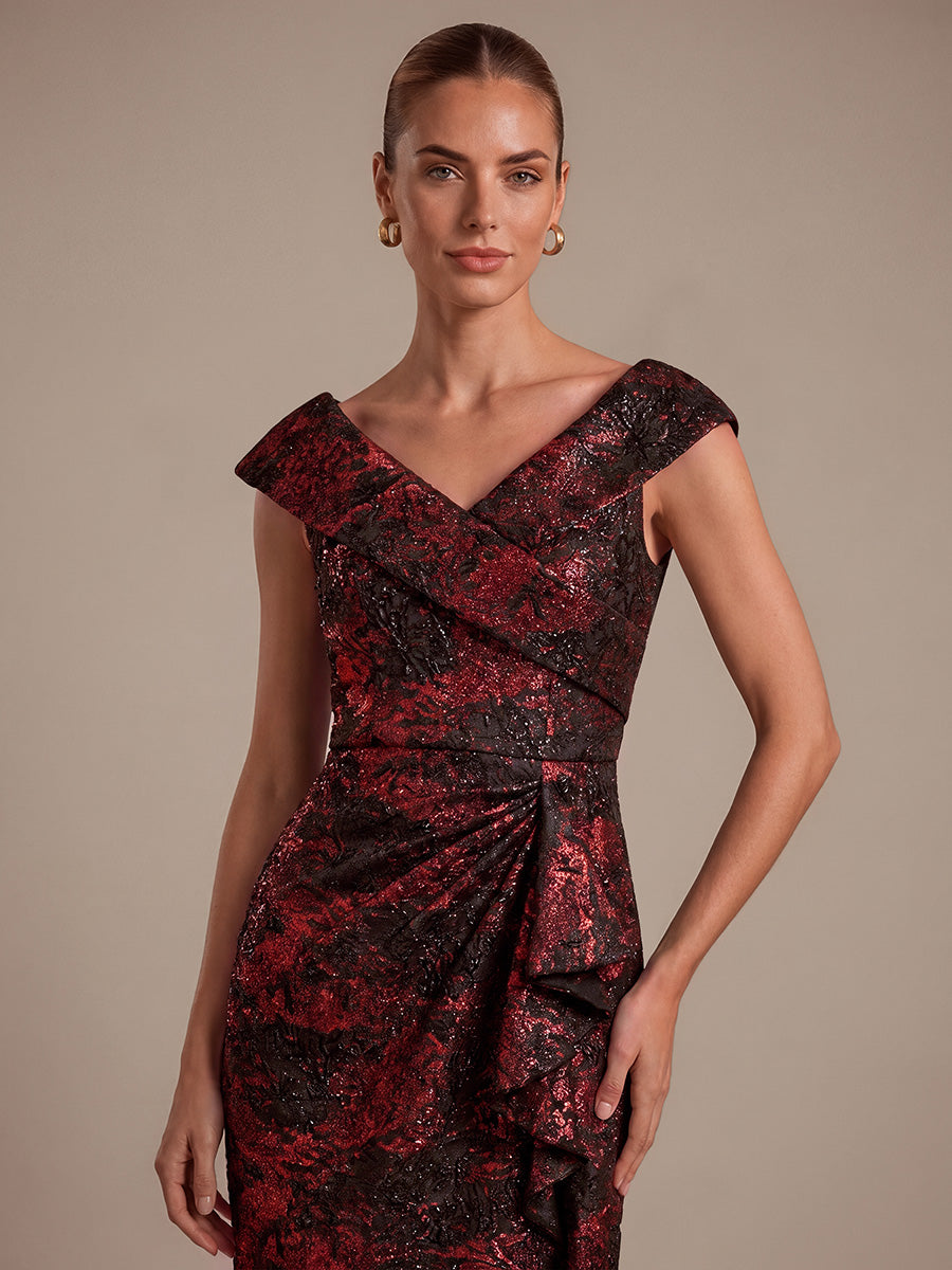 robe sir¨¨ne ¨¤ volants ¨¤ manches courtes en V avec une coupe asym¨¦trique et fermeture ¨¦clair au dos #Couleur_Bourgogne/Noir