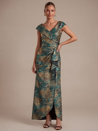 Robe de soirée en jacquard col V avec coupe sirène asymétrique
