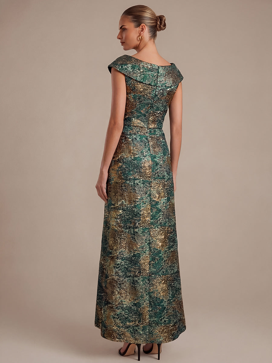 robe sir¨¨ne ¨¤ volants ¨¤ manches courtes en V avec une coupe asym¨¦trique et fermeture ¨¦clair au dos #Couleur_Vert foncé/Or