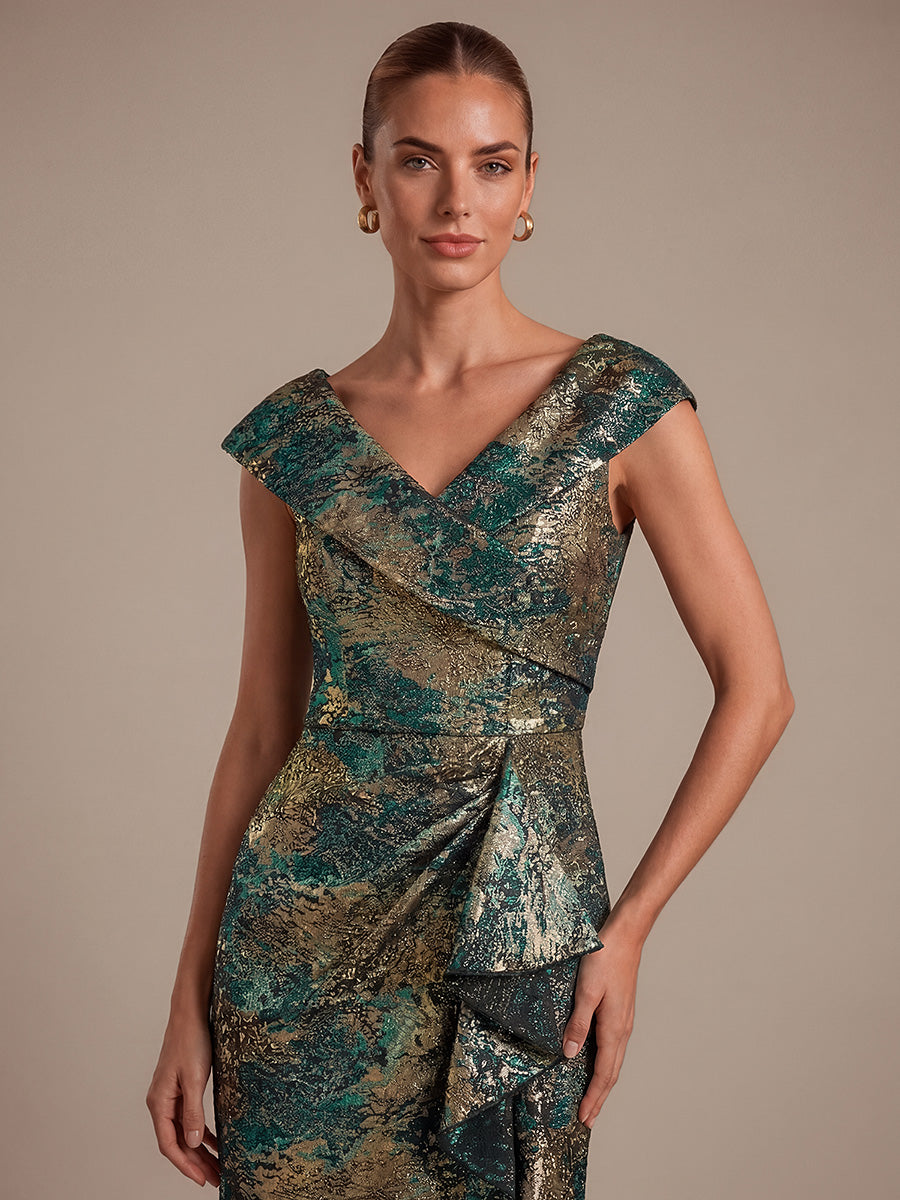 robe sir¨¨ne ¨¤ volants ¨¤ manches courtes en V avec une coupe asym¨¦trique et fermeture ¨¦clair au dos #Couleur_Vert foncé/Or