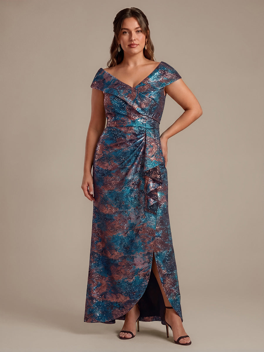 robe sir¨¨ne ¨¤ volants ¨¤ manches courtes en V avec une coupe asym¨¦trique et fermeture ¨¦clair au dos #Couleur_Bleu roi/Or