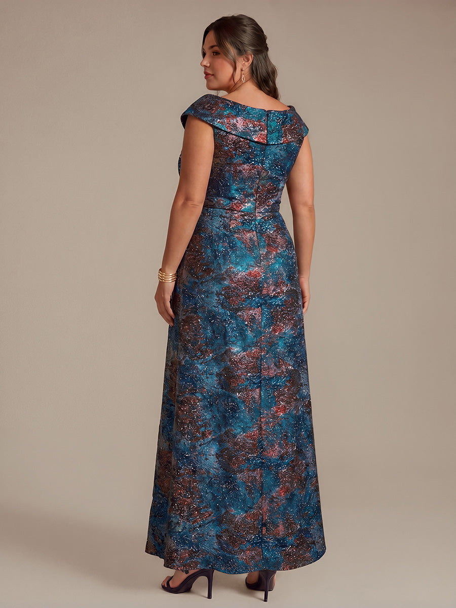 robe sir¨¨ne ¨¤ volants ¨¤ manches courtes en V avec une coupe asym¨¦trique et fermeture ¨¦clair au dos #Couleur_Bleu roi/Or