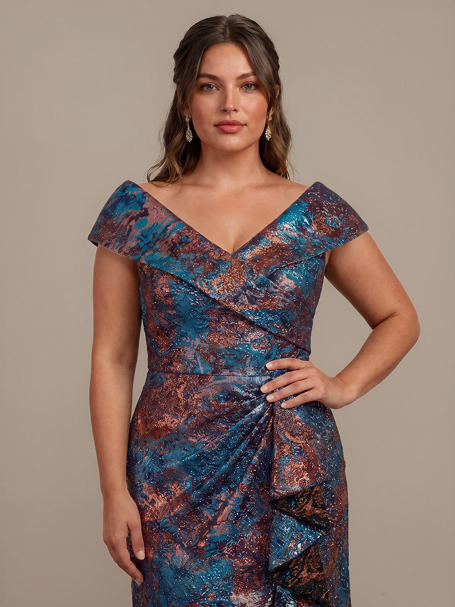 robe sir¨¨ne ¨¤ volants ¨¤ manches courtes en V avec une coupe asym¨¦trique et fermeture ¨¦clair au dos #Couleur_Bleu roi/Or