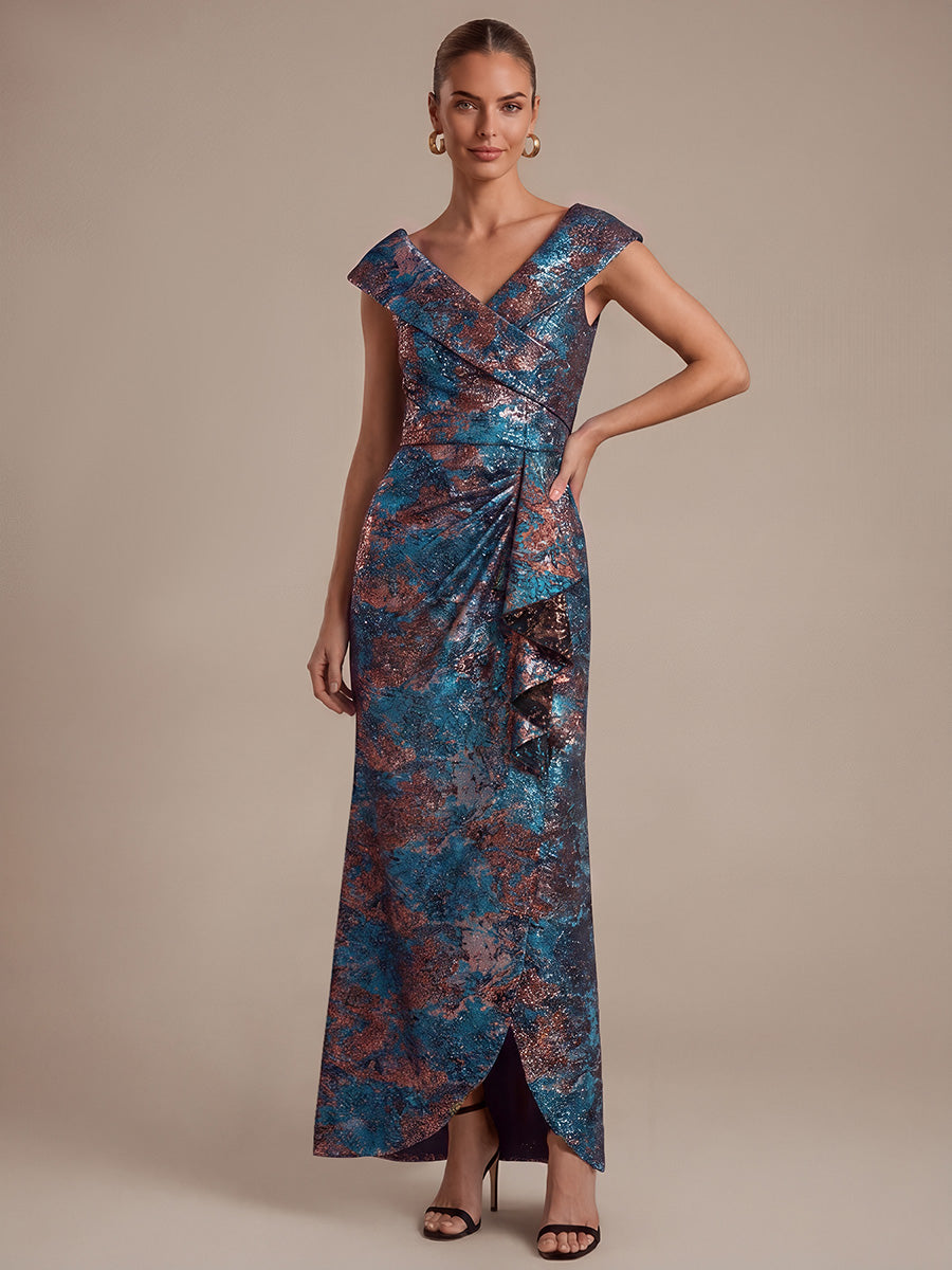 robe sir¨¨ne ¨¤ volants ¨¤ manches courtes en V avec une coupe asym¨¦trique et fermeture ¨¦clair au dos #Couleur_Bleu roi/Or
