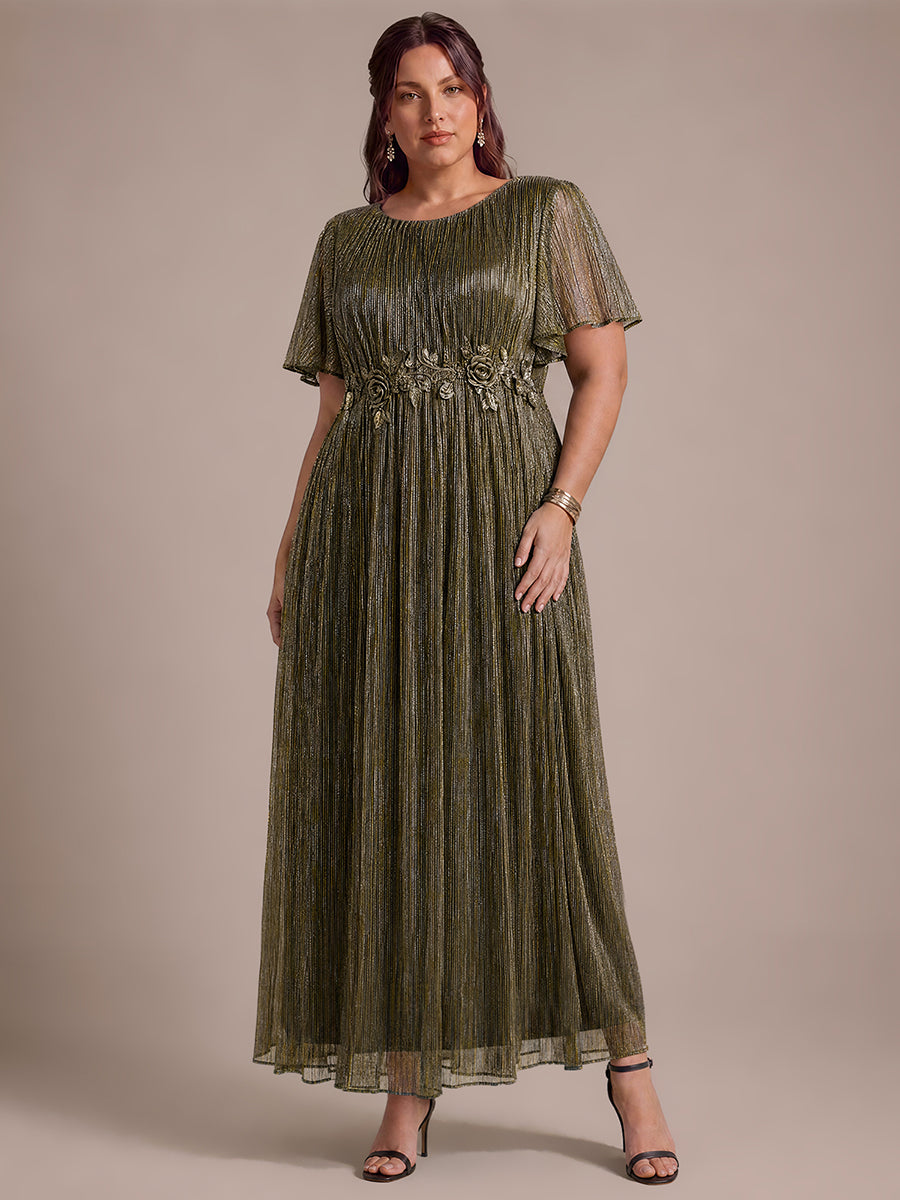 robe maxi ¨¤ col rond ¨¤ manches courtes avec volants en coupe A extensible #Couleur_Or métallique