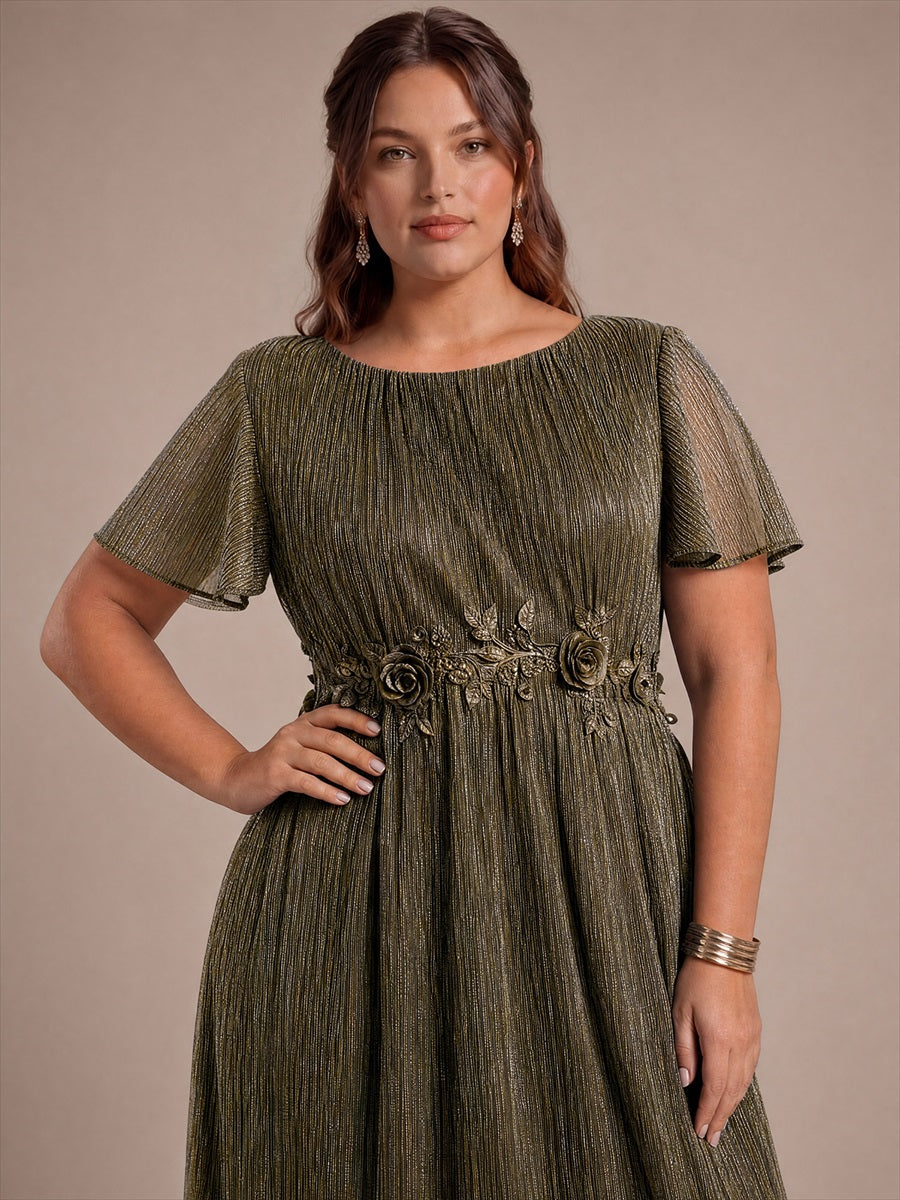 robe maxi ¨¤ col rond ¨¤ manches courtes avec volants en coupe A extensible #Couleur_Or métallique