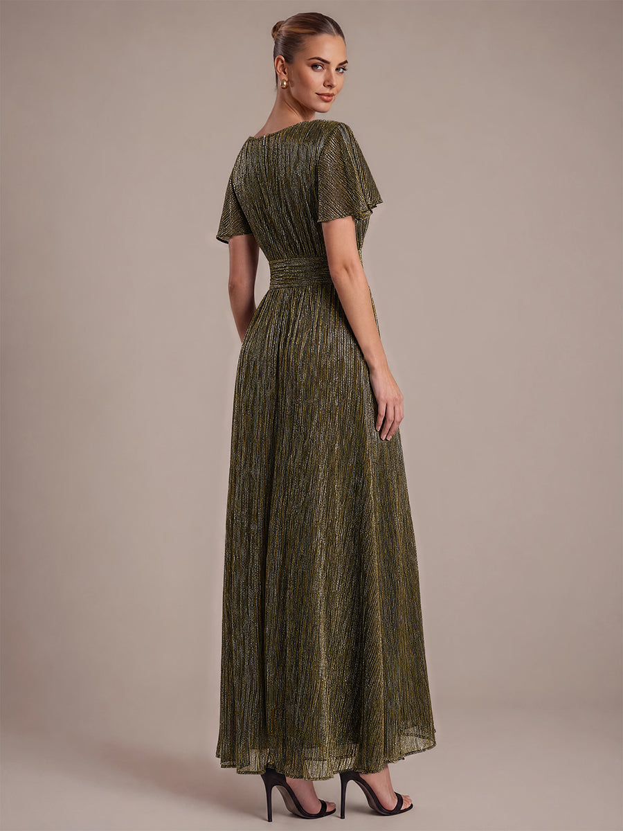 robe maxi ¨¤ col rond ¨¤ manches courtes avec volants en coupe A extensible #Couleur_Or métallique