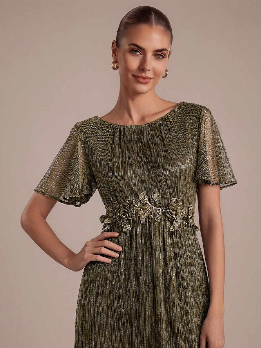 robe maxi ¨¤ col rond ¨¤ manches courtes avec volants en coupe A extensible #Couleur_Or métallique