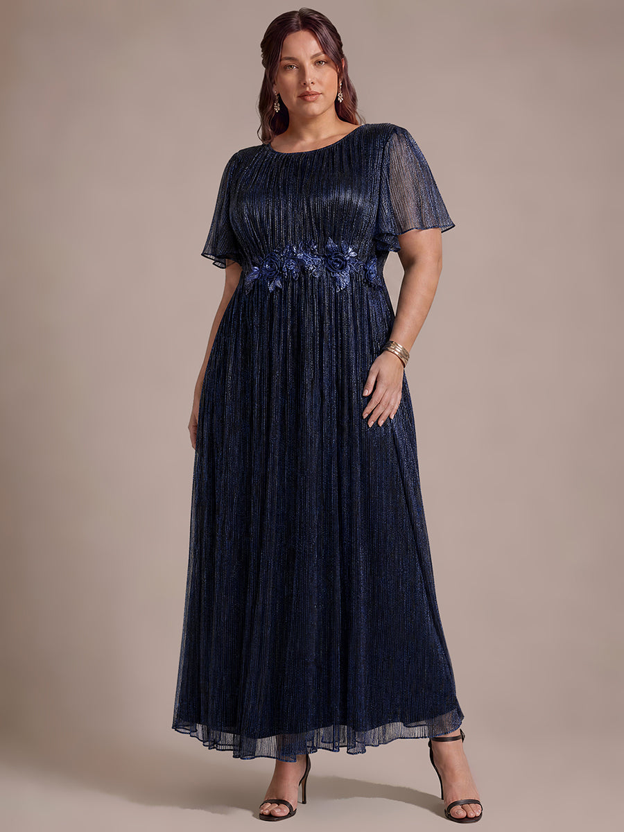 robe maxi ¨¤ col rond ¨¤ manches courtes avec volants en coupe A extensible #Couleur_Bleu Marine