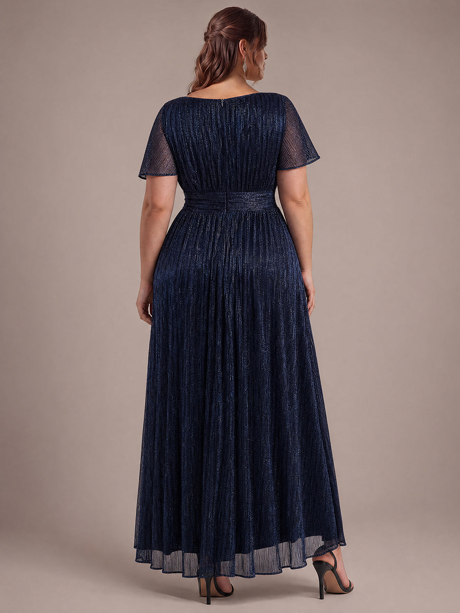 robe maxi ¨¤ col rond ¨¤ manches courtes avec volants en coupe A extensible #Couleur_Bleu Marine