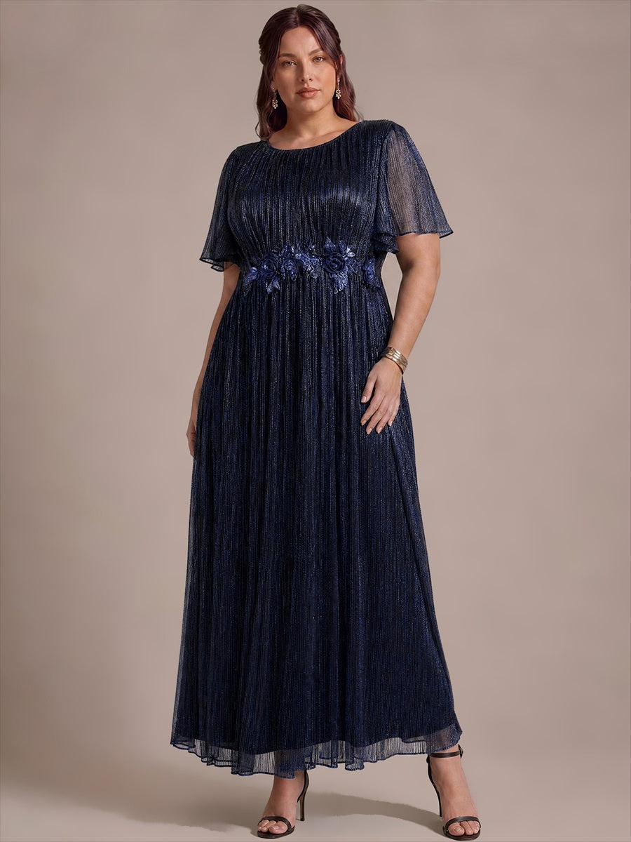 robe maxi ¨¤ col rond ¨¤ manches courtes avec volants en coupe A extensible #Couleur_Bleu Marine