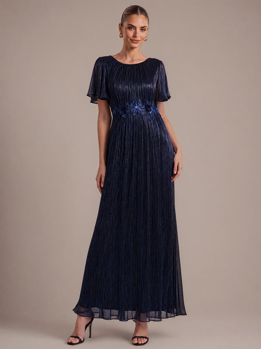 robe maxi ¨¤ col rond ¨¤ manches courtes avec volants en coupe A extensible #Couleur_Bleu Marine