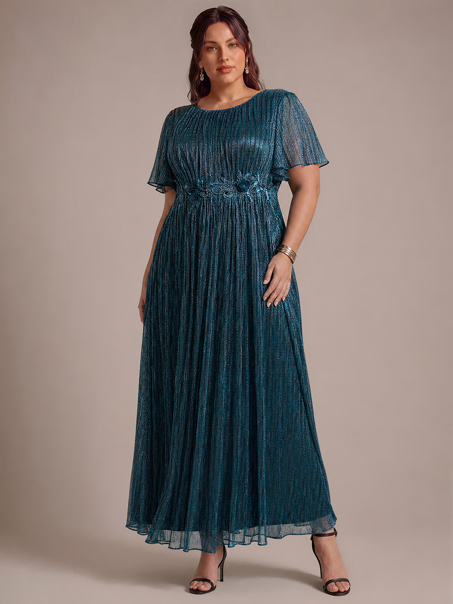 robe maxi ¨¤ col rond ¨¤ manches courtes avec volants en coupe A extensible #Couleur_Bleu Sarcelle