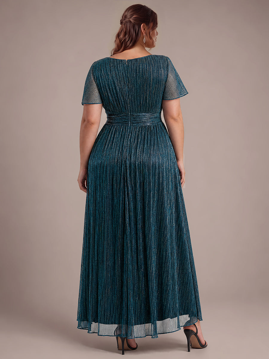 robe maxi ¨¤ col rond ¨¤ manches courtes avec volants en coupe A extensible #Couleur_Bleu Sarcelle