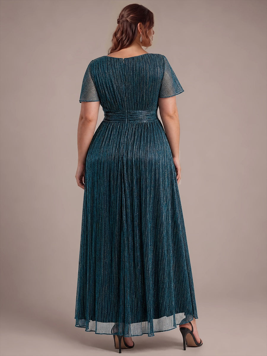 robe maxi ¨¤ col rond ¨¤ manches courtes avec volants en coupe A extensible #Couleur_Bleu Sarcelle