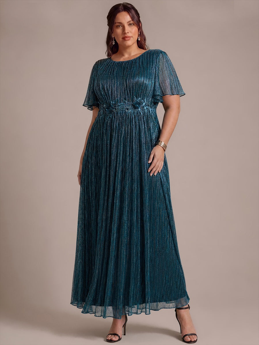 robe maxi ¨¤ col rond ¨¤ manches courtes avec volants en coupe A extensible #Couleur_Bleu Sarcelle