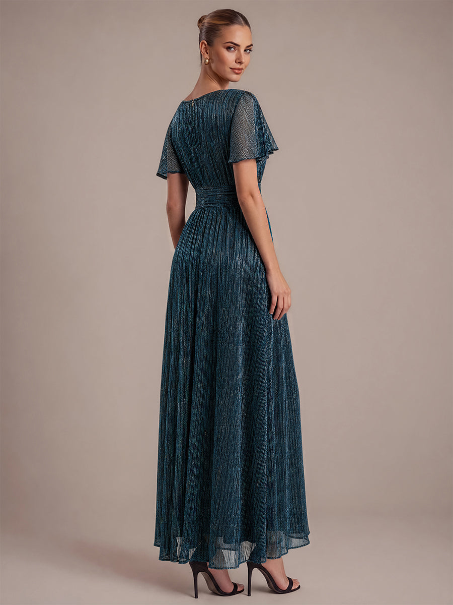 robe maxi ¨¤ col rond ¨¤ manches courtes avec volants en coupe A extensible #Couleur_Bleu Sarcelle