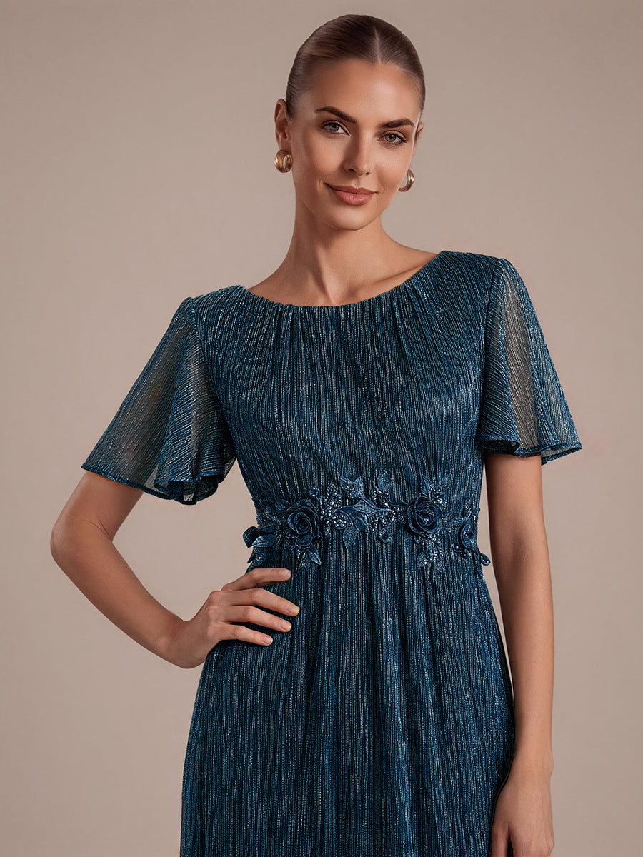 robe maxi ¨¤ col rond ¨¤ manches courtes avec volants en coupe A extensible #Couleur_Bleu Sarcelle