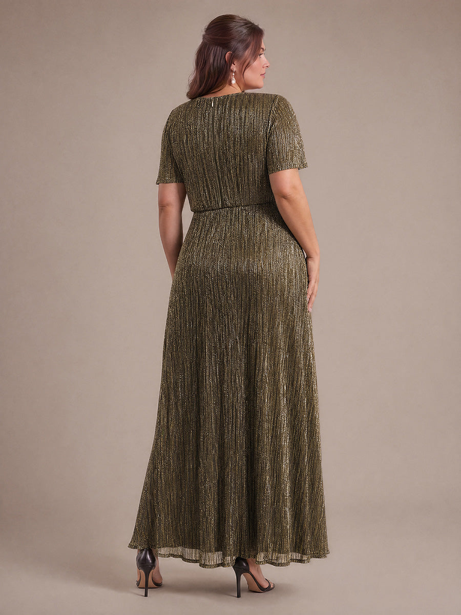robe maxi ¨¤ manches courtes en pliss¨¦ avec un d¨¦collet¨¦ en V et un ourlet ¨¤ volants avec fermeture ¨¦clair au dos #Couleur_Or métallique