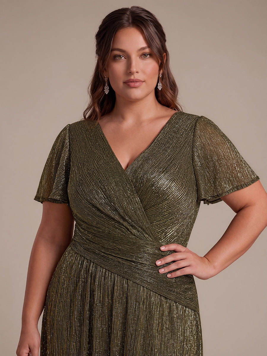 robe maxi ¨¤ manches courtes en pliss¨¦ avec un d¨¦collet¨¦ en V et un ourlet ¨¤ volants avec fermeture ¨¦clair au dos #Couleur_Or métallique