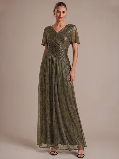 Robe Plissée en Tulle Coupe Trapèze Longue avec Manches Volantées