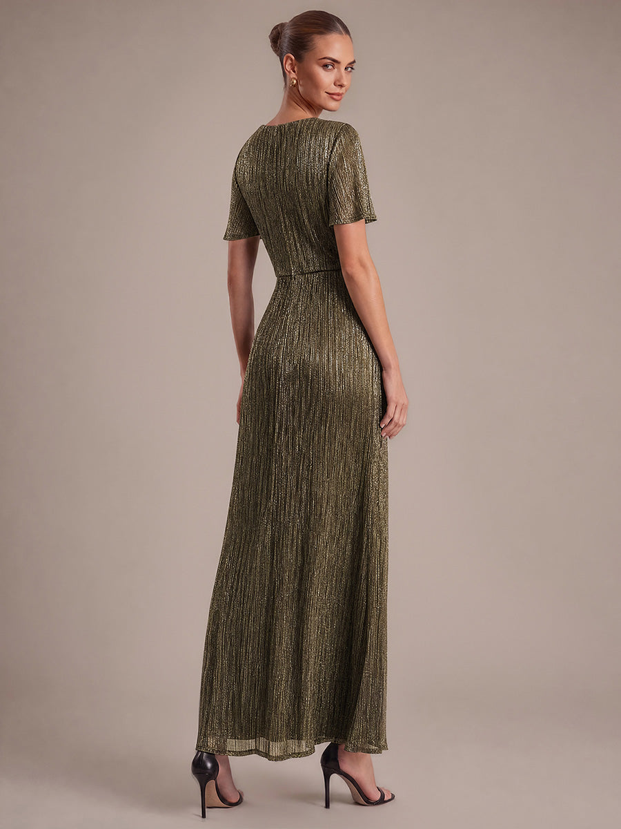 robe maxi ¨¤ manches courtes en pliss¨¦ avec un d¨¦collet¨¦ en V et un ourlet ¨¤ volants avec fermeture ¨¦clair au dos #Couleur_Or métallique