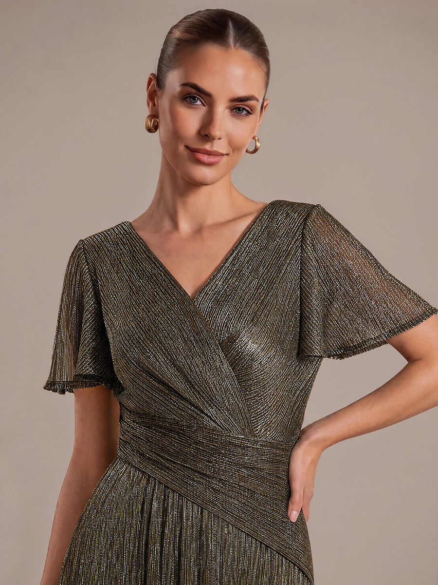 robe maxi ¨¤ manches courtes en pliss¨¦ avec un d¨¦collet¨¦ en V et un ourlet ¨¤ volants avec fermeture ¨¦clair au dos #Couleur_Or métallique