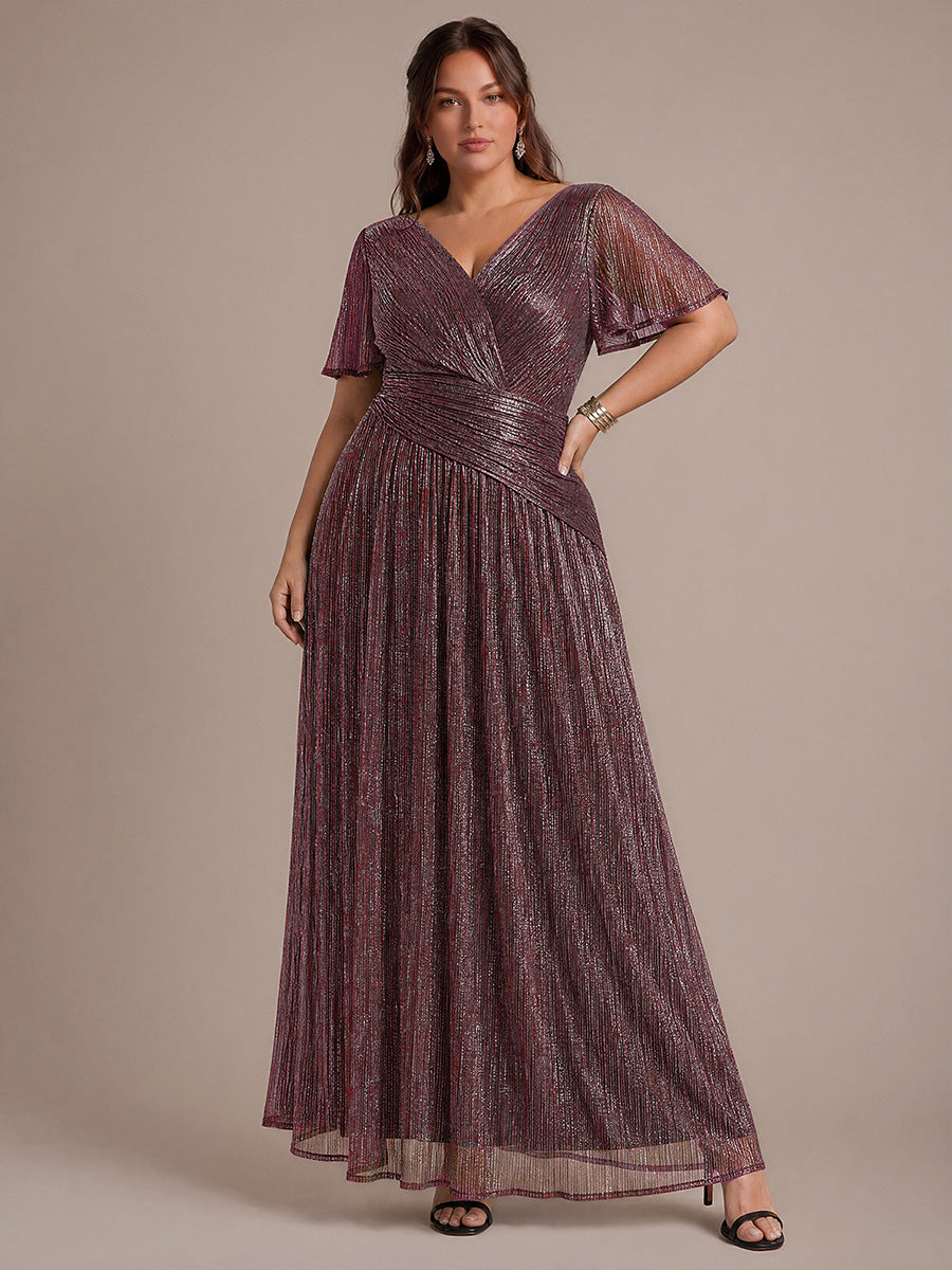 robe maxi ¨¤ manches courtes en pliss¨¦ avec un d¨¦collet¨¦ en V et un ourlet ¨¤ volants avec fermeture ¨¦clair au dos #Couleur_Brun Acajou
