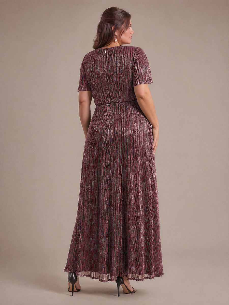 robe maxi ¨¤ manches courtes en pliss¨¦ avec un d¨¦collet¨¦ en V et un ourlet ¨¤ volants avec fermeture ¨¦clair au dos #Couleur_Brun Acajou