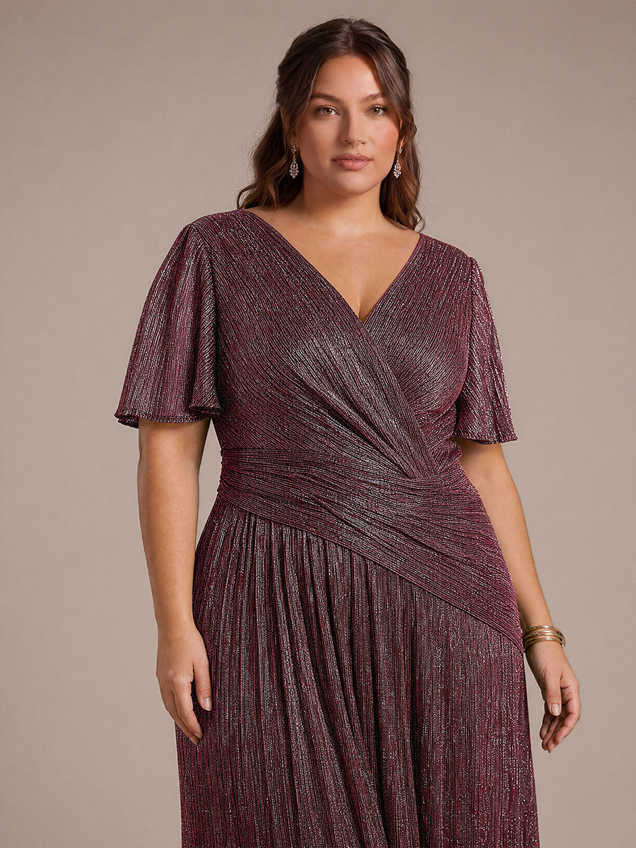 robe maxi ¨¤ manches courtes en pliss¨¦ avec un d¨¦collet¨¦ en V et un ourlet ¨¤ volants avec fermeture ¨¦clair au dos #Couleur_Brun Acajou