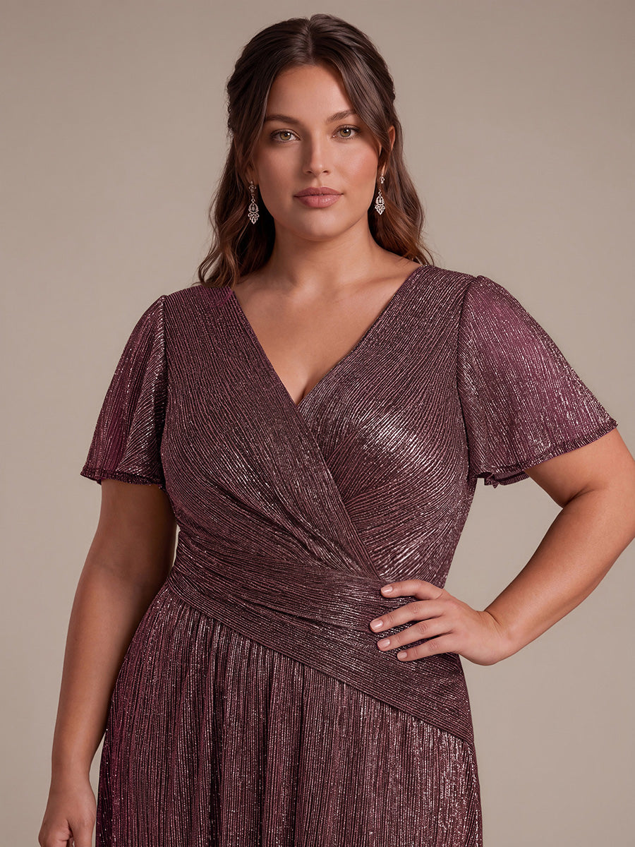 robe maxi ¨¤ manches courtes en pliss¨¦ avec un d¨¦collet¨¦ en V et un ourlet ¨¤ volants avec fermeture ¨¦clair au dos #Couleur_Brun Acajou
