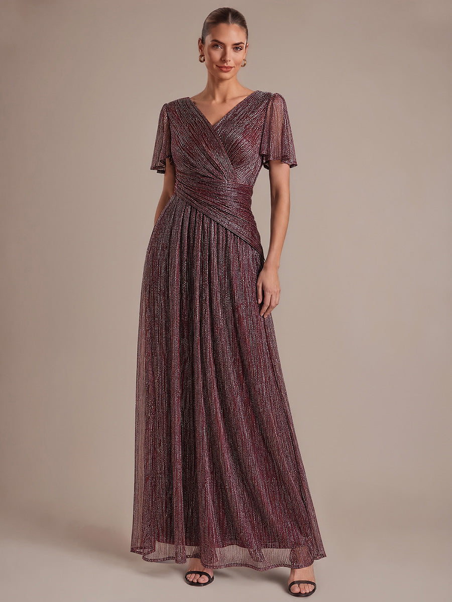robe maxi ¨¤ manches courtes en pliss¨¦ avec un d¨¦collet¨¦ en V et un ourlet ¨¤ volants avec fermeture ¨¦clair au dos #Couleur_Brun Acajou