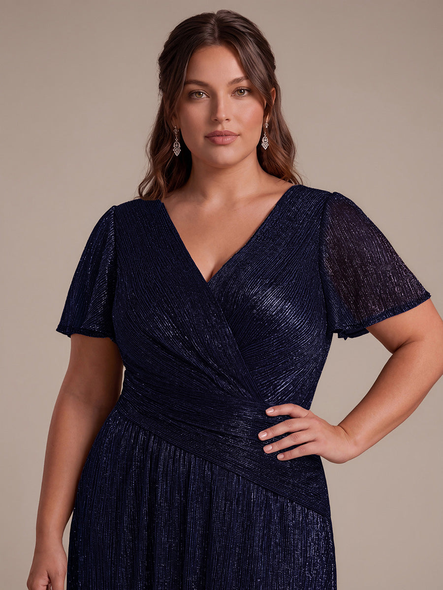 robe maxi ¨¤ manches courtes en pliss¨¦ avec un d¨¦collet¨¦ en V et un ourlet ¨¤ volants avec fermeture ¨¦clair au dos #Couleur_Bleu Marine
