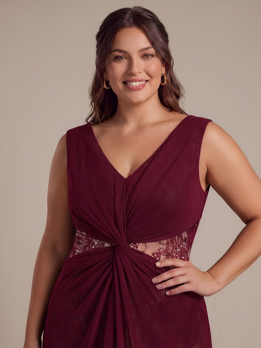 Robe maxi sans manches en V avec détails transparents #Couleur_Bordeaux