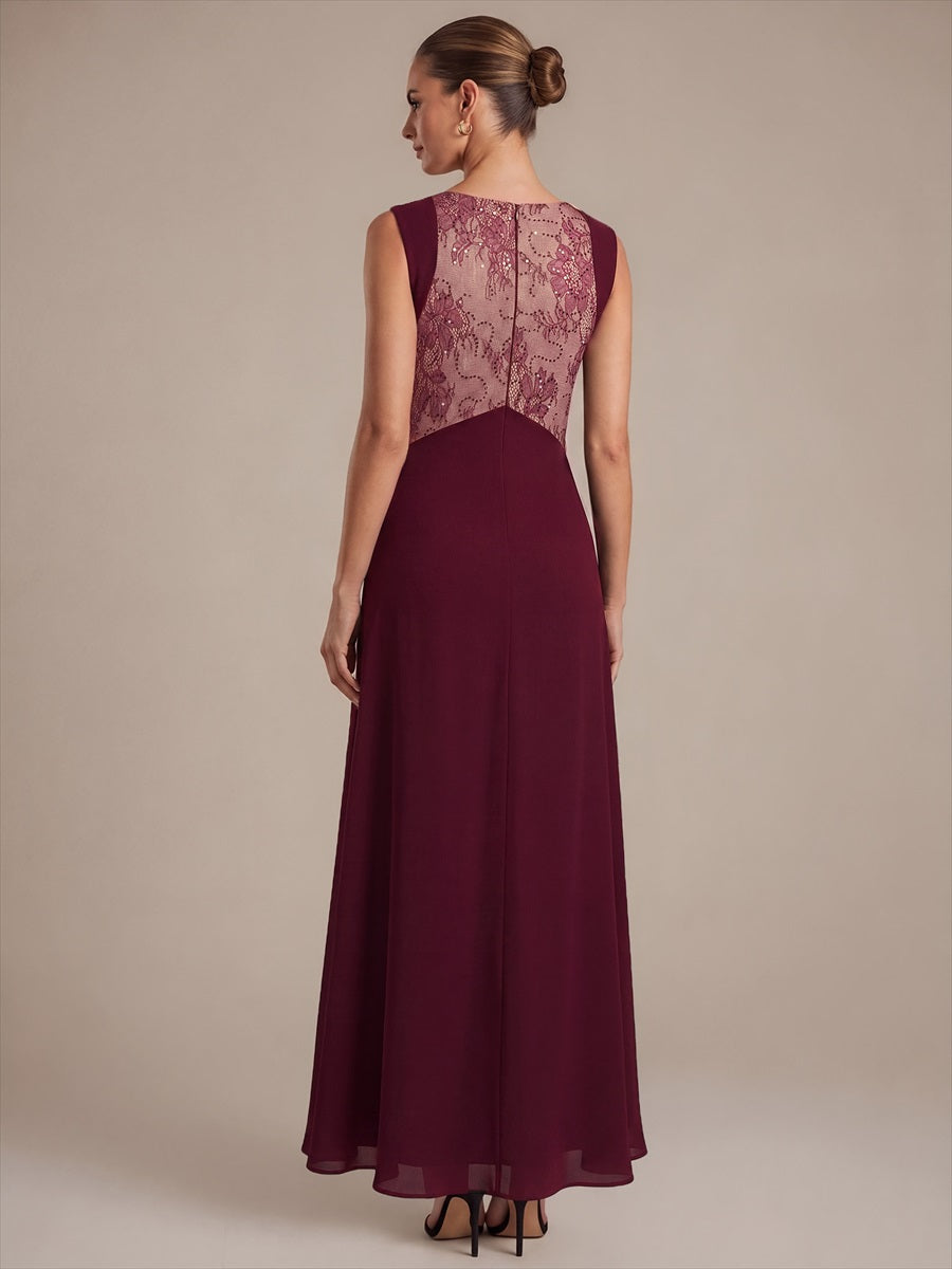 Robe maxi sans manches en V avec détails transparents #Couleur_Bordeaux
