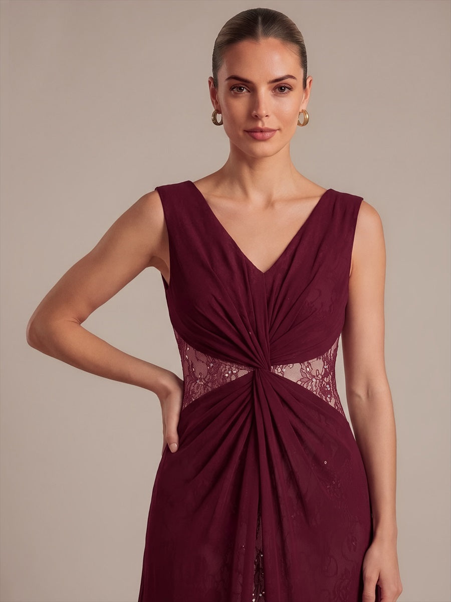 Robe maxi sans manches en V avec détails transparents #Couleur_Bordeaux