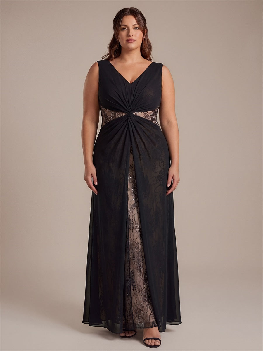 Robe maxi sans manches en V avec détails transparents #Couleur_Noir