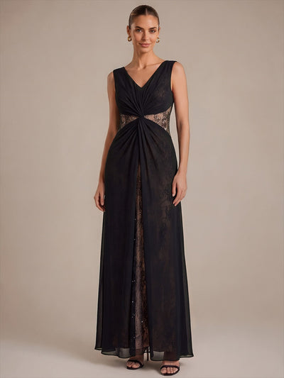 Robe longue en mousseline col V sans manches coupe trapèze