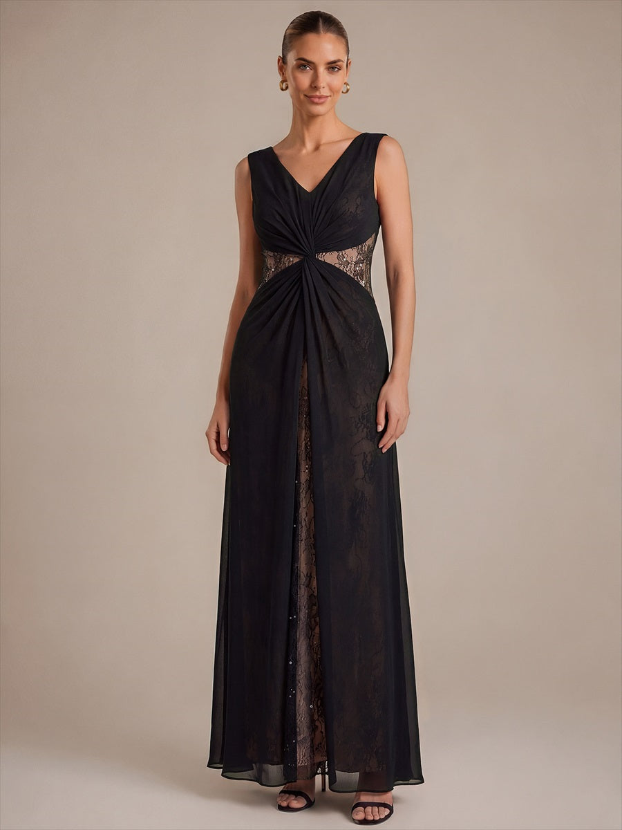 Robe maxi sans manches en V avec détails transparents #Couleur_Noir