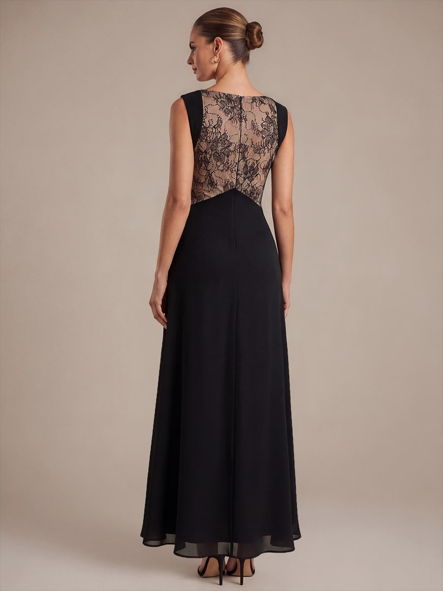 Robe maxi sans manches en V avec détails transparents #Couleur_Noir