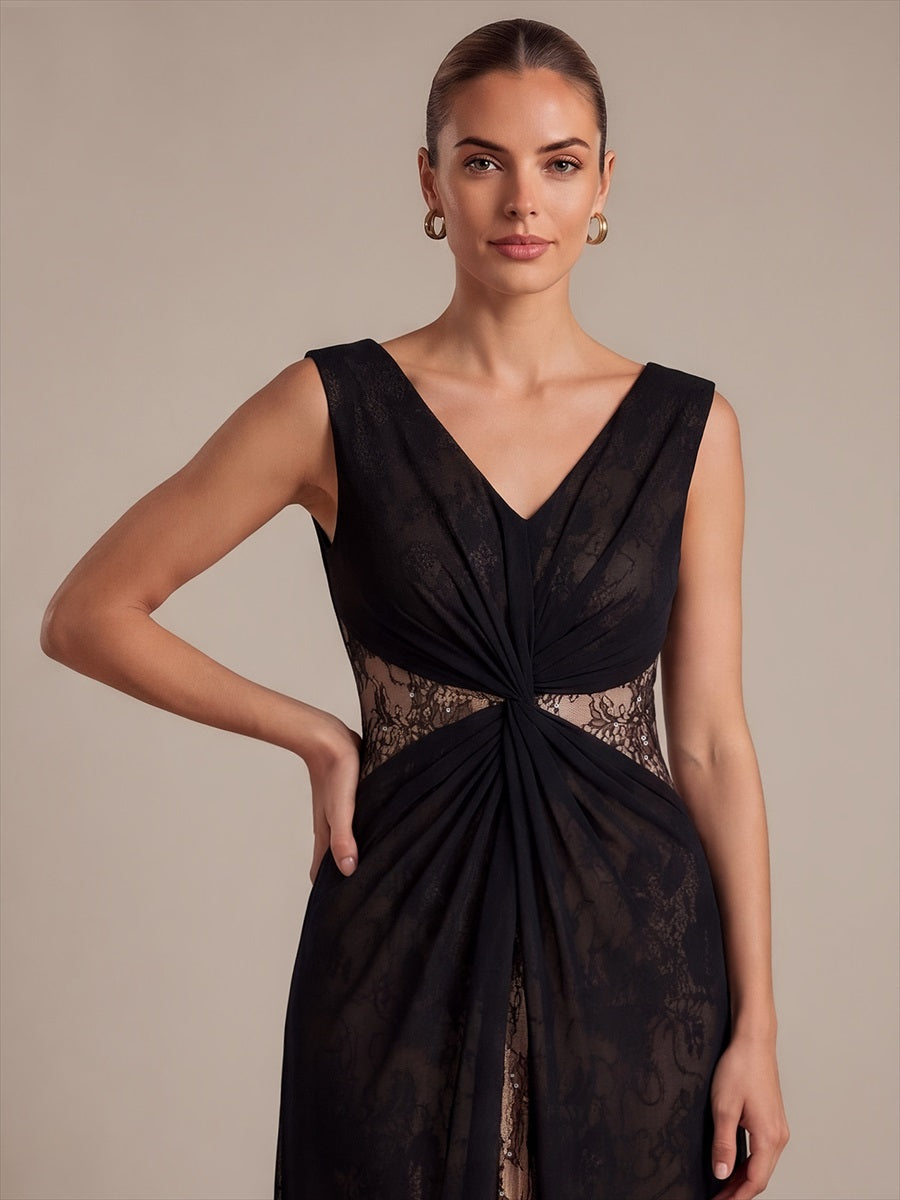 Robe maxi sans manches en V avec détails transparents #Couleur_Noir