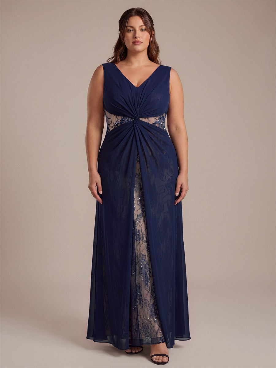 Robe maxi sans manches en V avec détails transparents #Couleur_Bleu Marine
